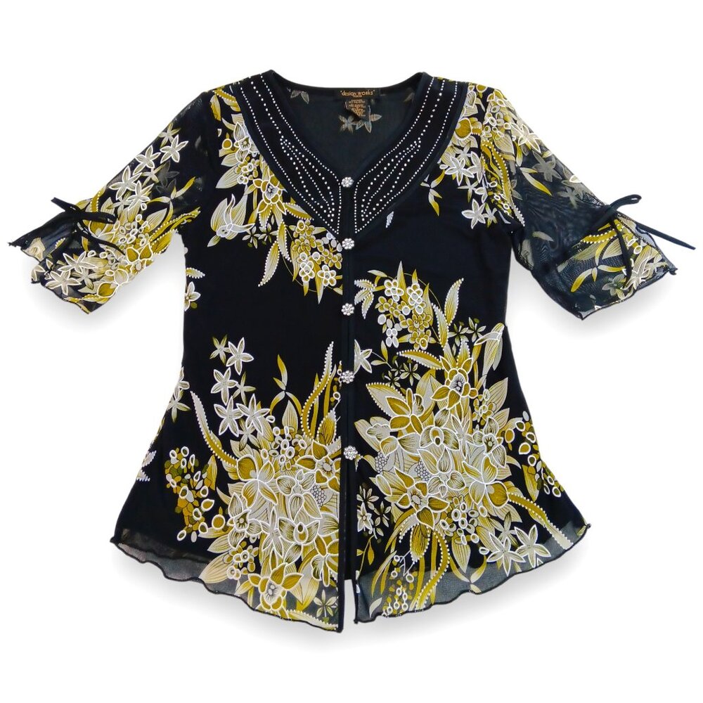 Design Works- Women's Top-Black, Green-White floral- PSMALL-Lined 3/4 Sleeve